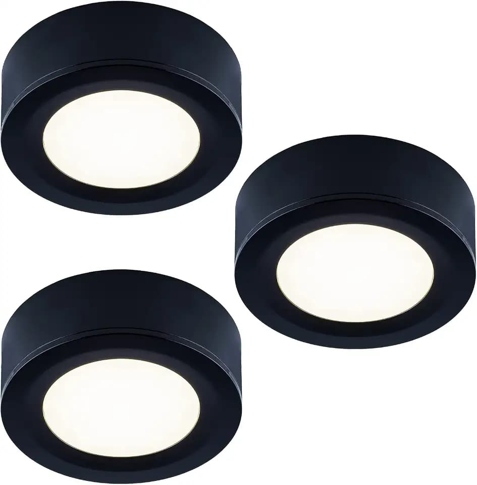 LUMILAND Wired LED Puck Lights 120V (2.7Wx3) Plug-in Lighting Warm White, LED Cabinet Light for Kitchen Can Be Surface Mount or Recess Mount, Black