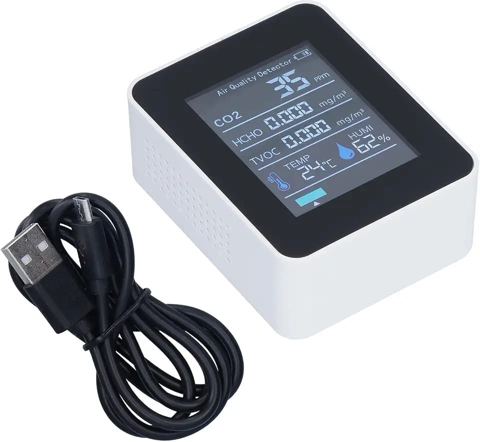Air Quality Monitor with Clear Alarm Smart Display Real Time Portable Detector for Home Office (ABS Material White)
