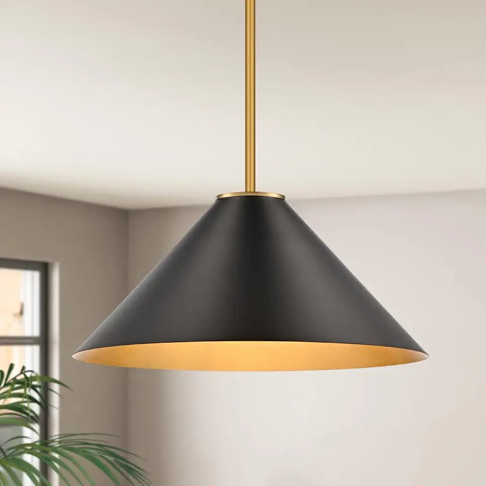 15.7 Inch Modern Pendant Lights Kitchen Island, Black and Gold 1-Light Single Pendant Lighting Fixtures, Metal Cone Farmhouse Ceiling Hanging Light for Dining Room Over Sink Table Hallway