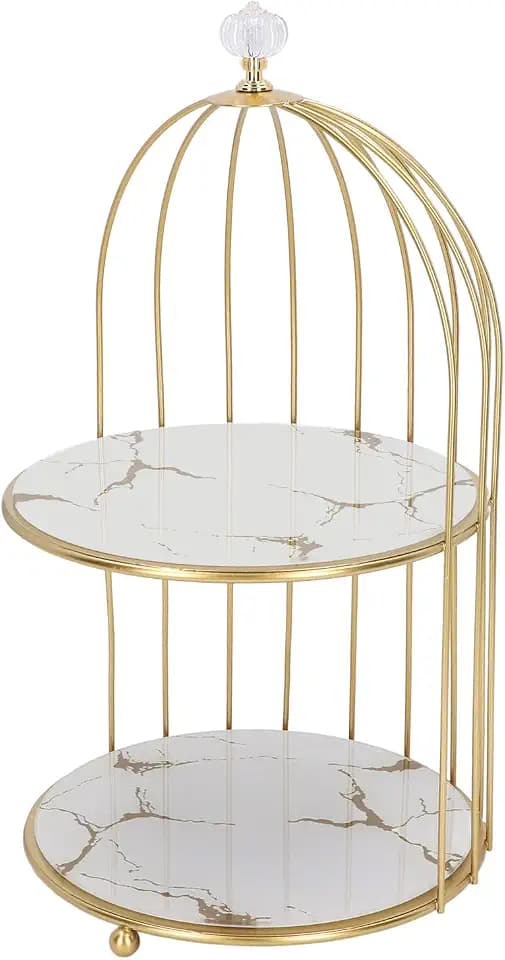 Double Layer Storage Shelf Makeup Organizer Shelf, Bird Cage Shape Organizer Display Rack, for Bathroom Countertop Dressing Table Gold Frame (White Base Gold Pattern)