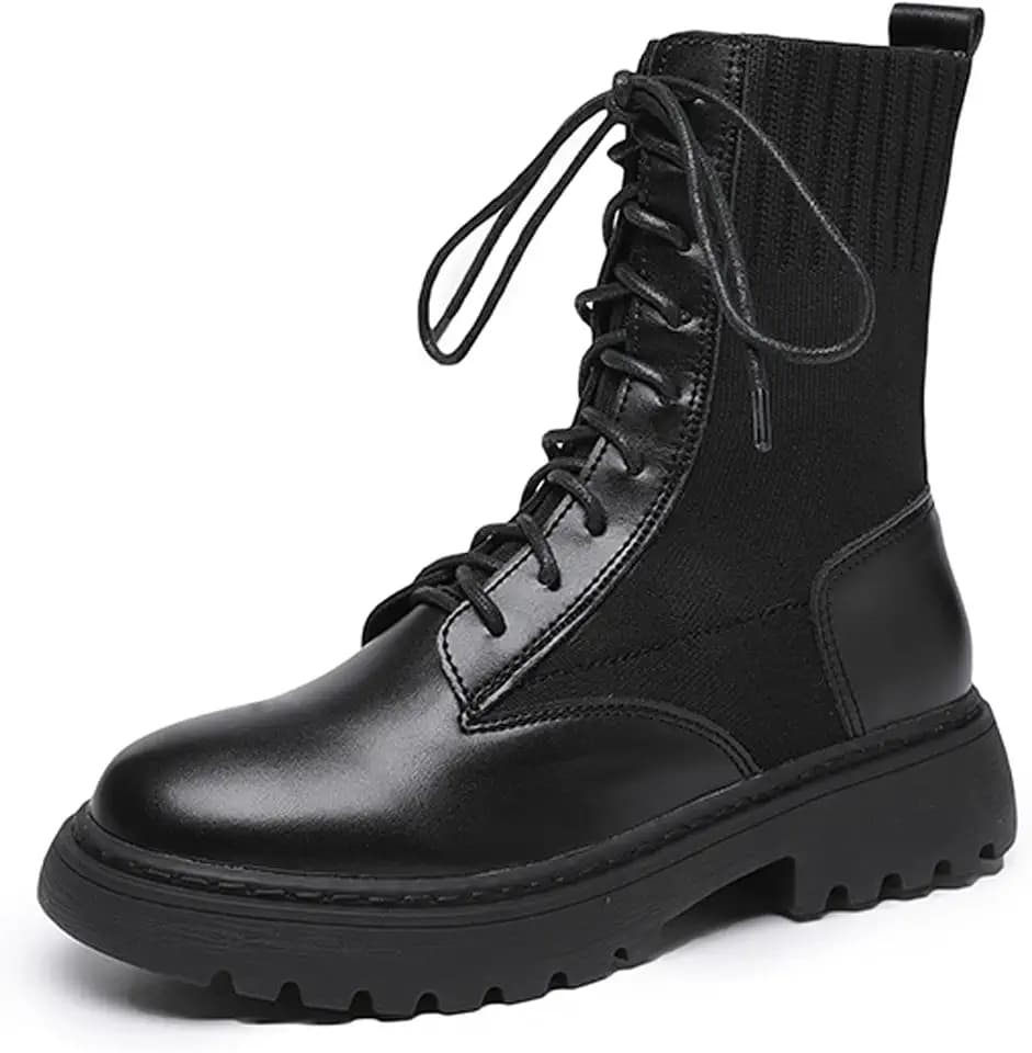 Women's Knit Sock Cuff Platform Combat Ankle Boots Winner Warm Leather Round Toe Lug Sole Chunky Heel Non-Slip Casual Work Motorcycle riding Short Boots