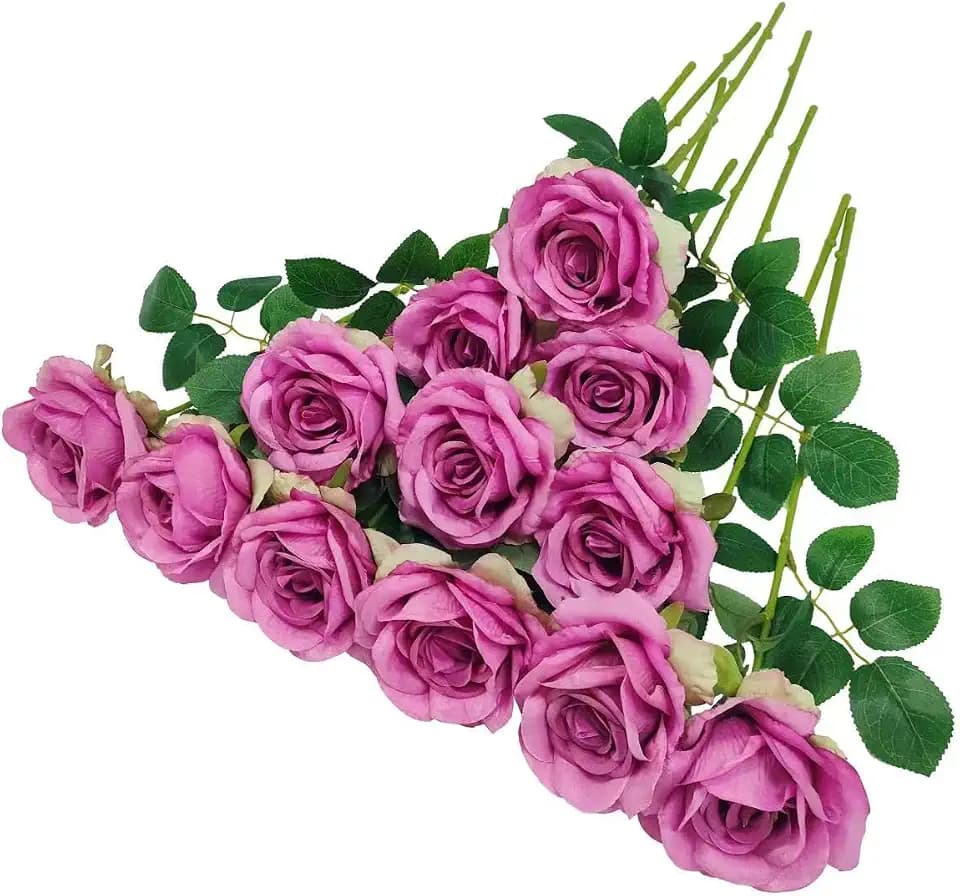 ATFL Long Stem Lavender Roses,12 Pcs Lavender Artificial Flowers,Mauve Silk Flowers,Floral Diameter 4'',Light Purple Roses Artificial Lilacs Flowers Silk(Lilac)
