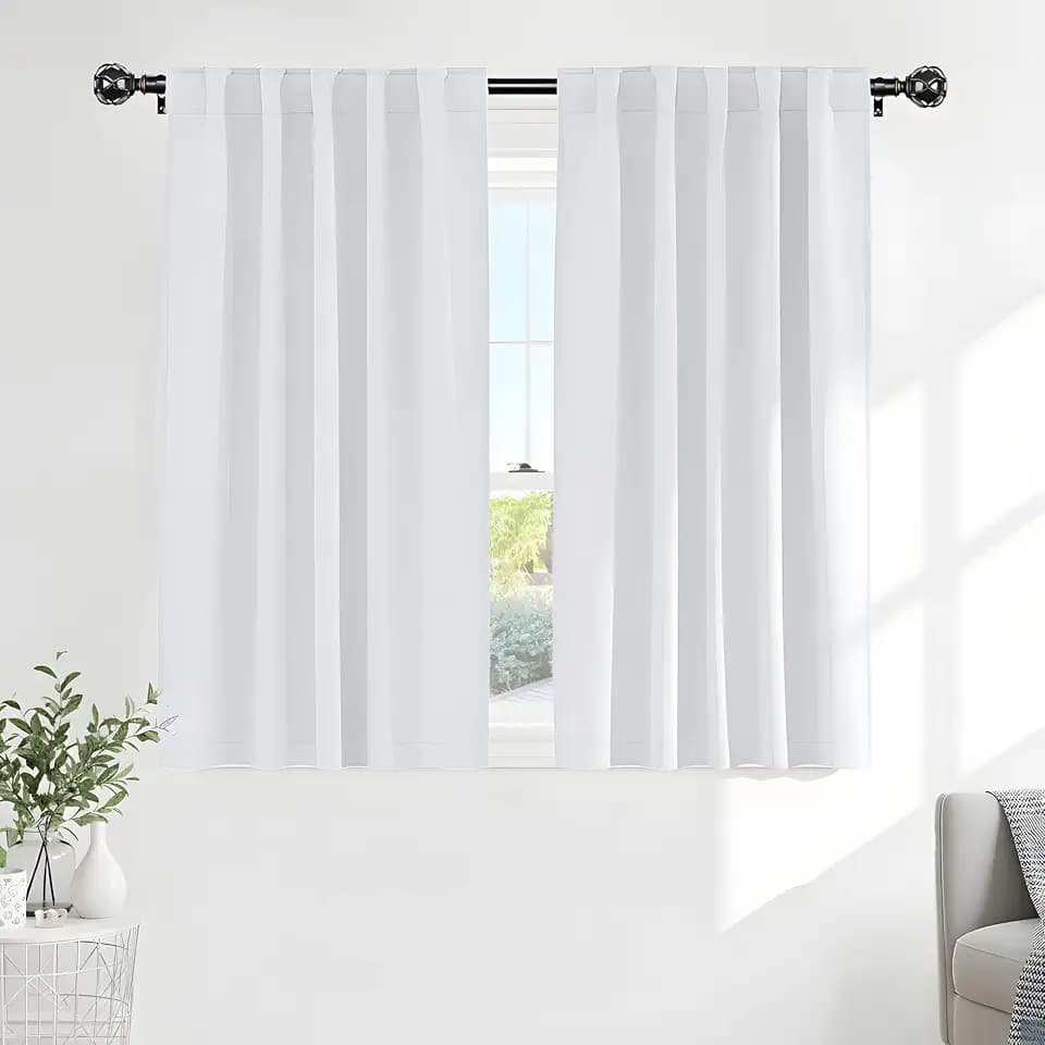 PONY DANCE White 50% Lighting Blocking Curtains for Kitchen, Short Non-See-Through Thermal Insulated Room Darkening Back Tab Small Drapes for Nursery Bedroom Window, W42 x L45, Pure White, 2 Panels