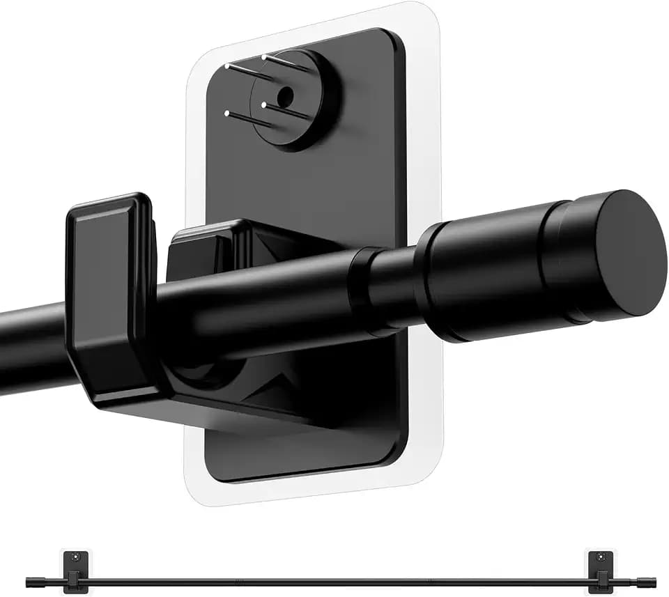 2.0 Upgraded No-Drill Curtain Rod for Windows 48 to 84 inches – Renter-Friendly Adhesive & Pin-Nail Mount, 5/8" Black Adjustable Rod, Minimal Wall Damage