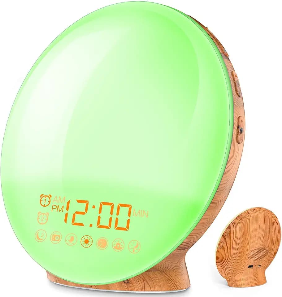 Wake Up Licht Lichtwecker Holzoptik Tageslichtwecker Licht Wecker mit 2 Weckzeiten 7 Naturgeräuschen und UKW-Radio Snooze Wake Up Light Alarm Clock für Erwachsene & Kinder