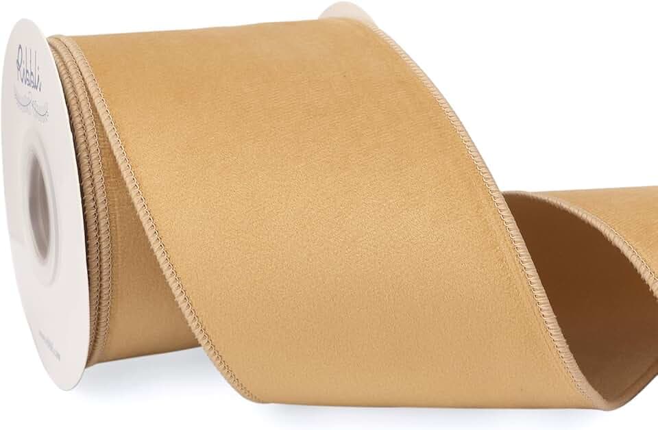 Ribbli Muted Gold Velvet Wired Ribbon with Dupioni 4 Inch Christmas Ribbon for Gift Wrapping Christmas Tree Decoration Crafts Wreaths Supplies-Continuous 10 Yards