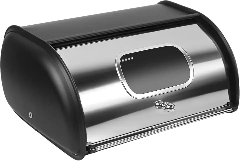 DreamsEden Black Bread Box - Stainless Steel Bread Bin with Window, Roll-Up Lid Kitchen Countertop Storage Box for Bread Pastries Buns Toasts Snacks