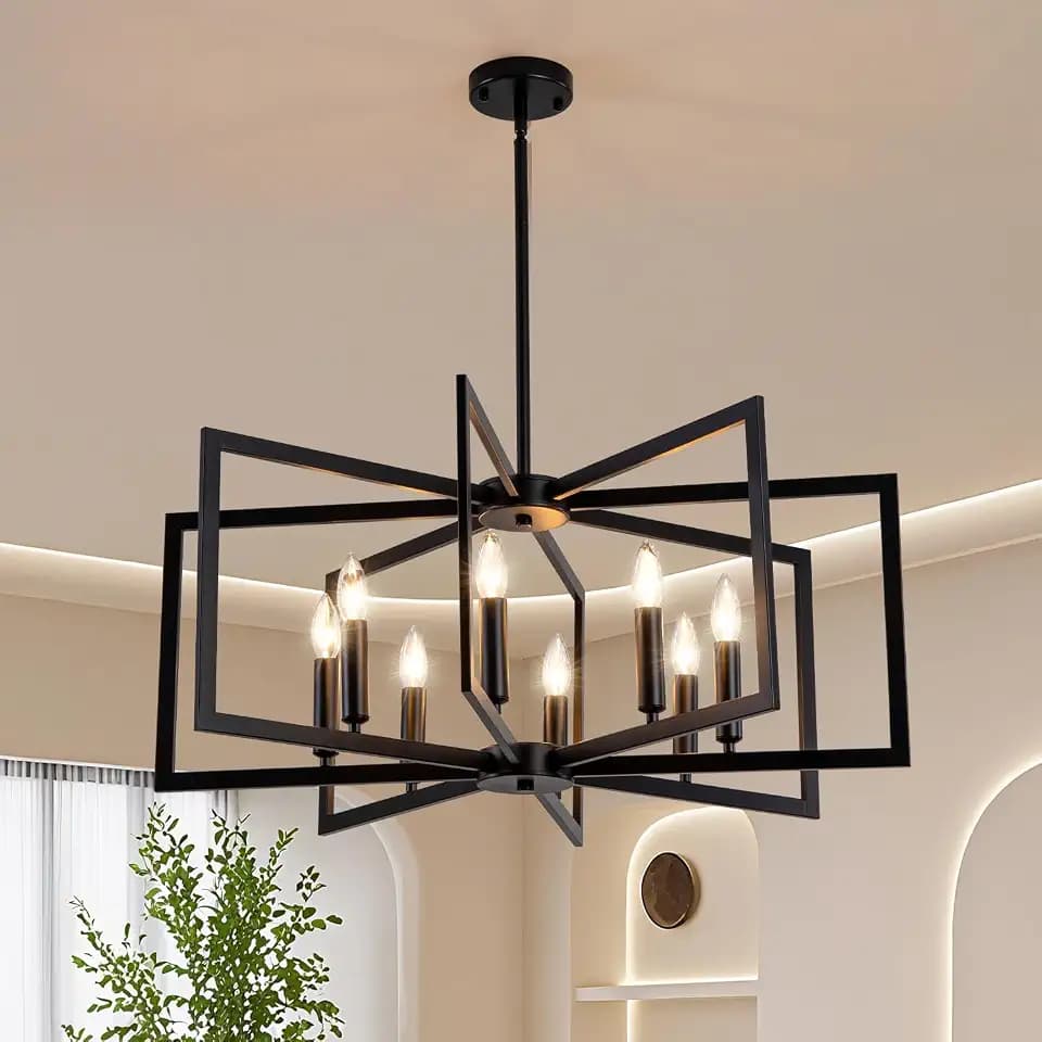 Farmhouse Chandelier,8-Light Black Chandelier for Dining Room,Modern Black Geometric Chandelier,Adjustable Height Hanging Light Fixture for Dining Room,Living Rooms,Villas,Entryway