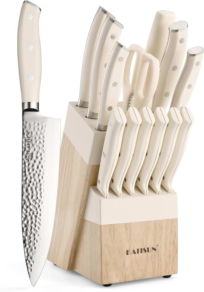 14-Piece Cream German Steel Kitchen Knife Block Set