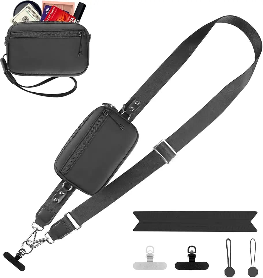 YFWE Handy-Gurt mit Geldbörse Crossbody | Abnehmbare RFID Blocking Armband Geldbörse | Universal Handy Lanyard mit 360° Drehbaren Clips für alle Smartphones (Schwarz)