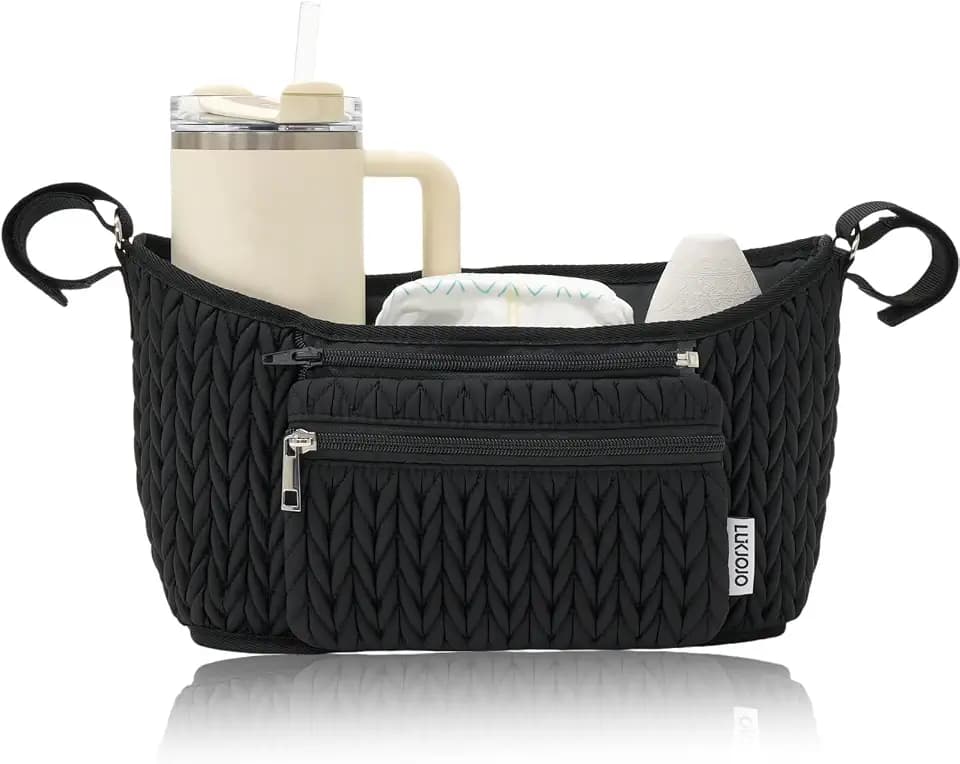 Stroller Organizer - Stylish Quilting Nylon, Universal Fit, Detachable Bag, Adjustable Multi-Storage for Baby Stroller and Pet Stroller(Black-A
