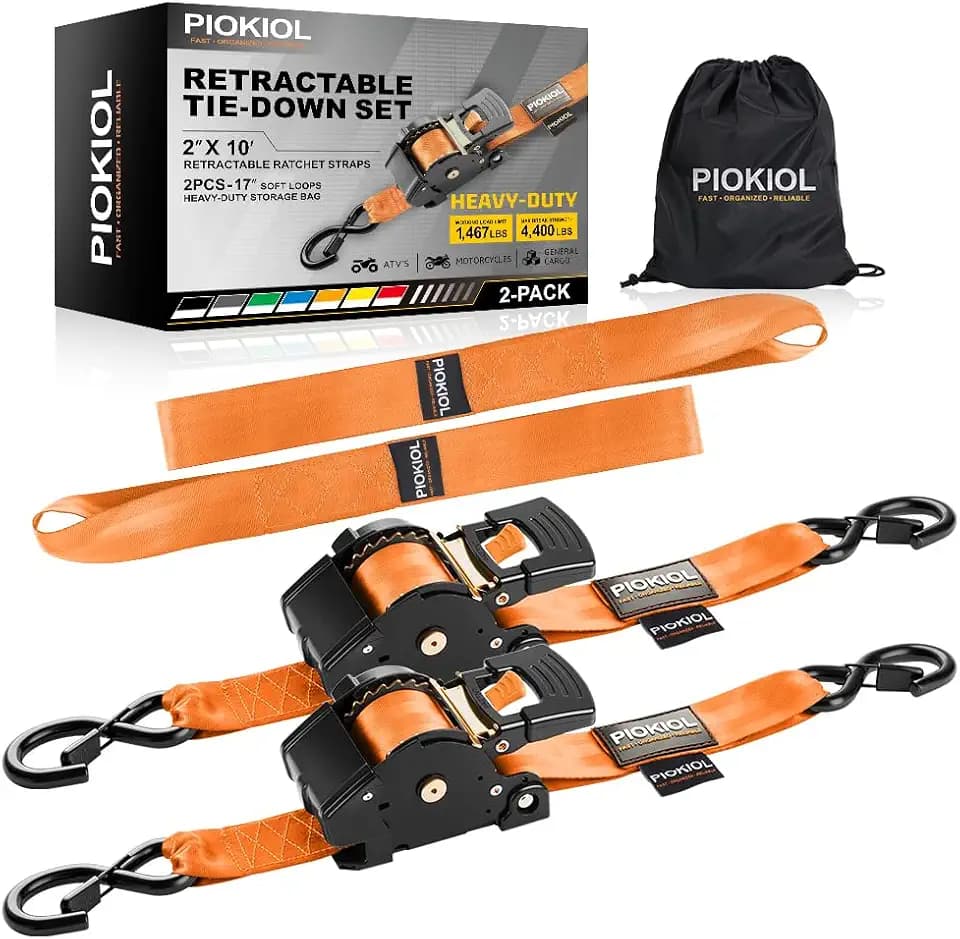 Retractable Ratchet Straps (2-Pack) - 2 Inch x 10 Feet (4,400lb Break Strength) - Heavy Duty Auto Self Retracting Tie Down Straps for Truck, Cargo Trailer, Motorcycle, ATV, UTV, Boat – Orange