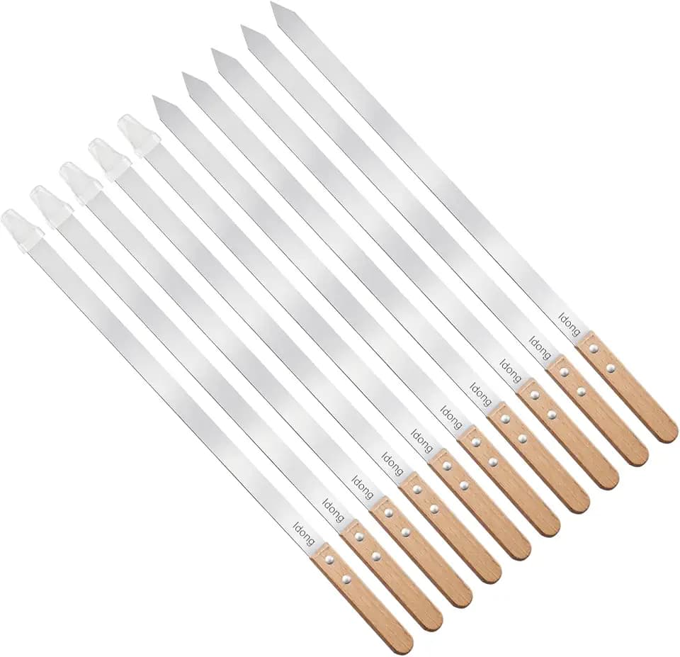 Idong 10 PCS Kabob Skewers 23.6" Flat Stainless Steel BBQ Skewers for Grilling Meat with Wood Handle and Tip Guards, Heavy Duty Reusable for Koobideh Persian Brazilian Shish Kebab (Natural wood)