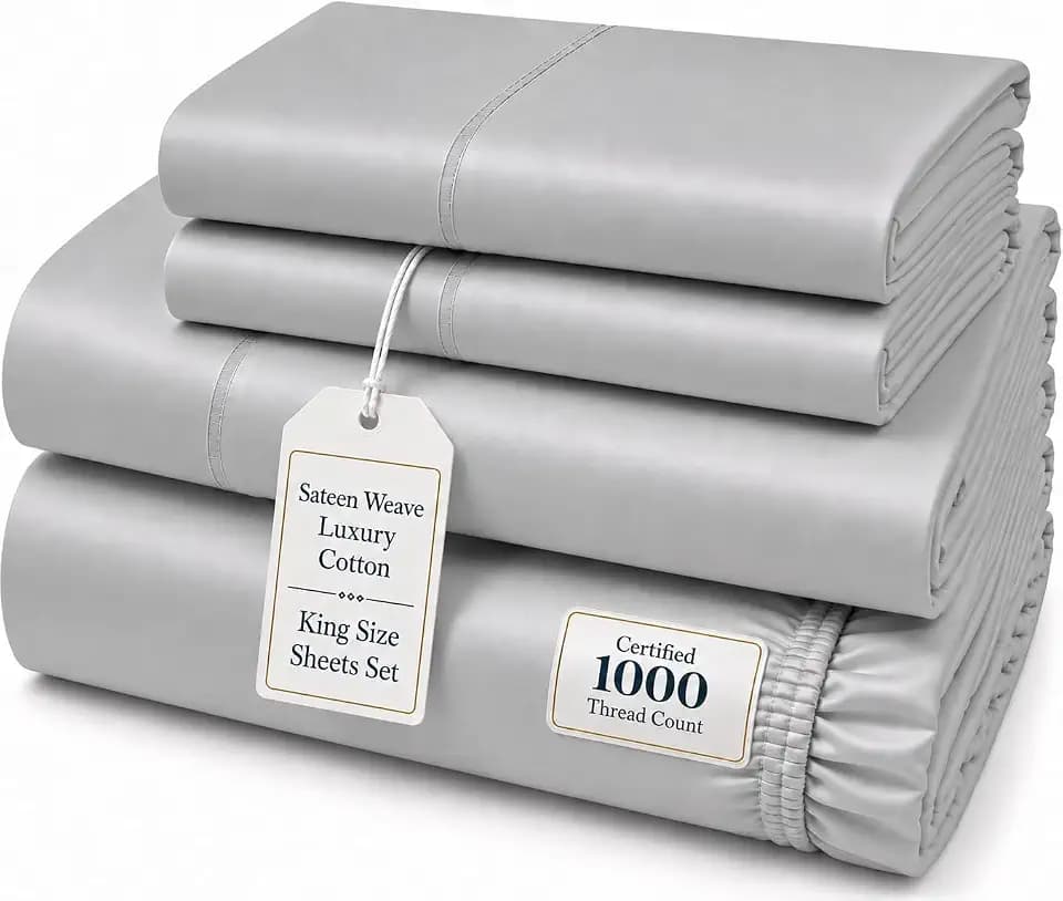 King Sheet Set, 1000 Thread Count 100% Cotton Sheets King Size - Silver