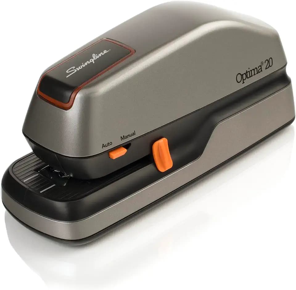 Swingline Electric Stapler, 20 Sheet Capacity, Optima 20, Jam Free, Auto or Manual, Plug In or Battery, Silver (48208)
