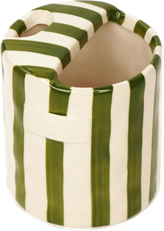 Striped Ceramic Coffee Mug with Sip Hole, Travel Coffee Cup for Hot & Iced Drinks, Hand-Painted Drinkware, Ready for Gift-Green