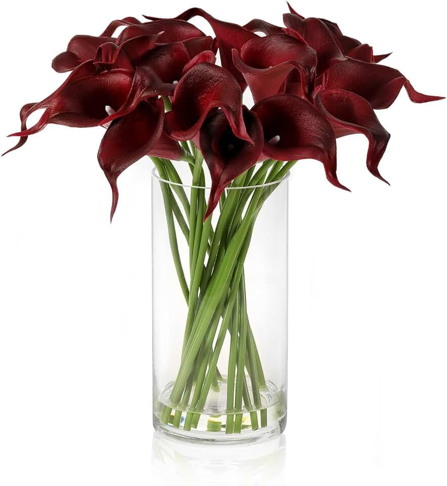 20PCS Calla Lilies Artificial Flowers in Vase with Fake Water, Faux Floral Arrangements in Vase for Home Decor Wedding Table (Dark Red)