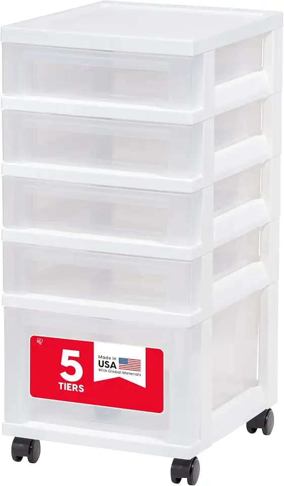 IRIS USA 5-Drawer Rolling Storage Cart with Organizer Top, White/Clear