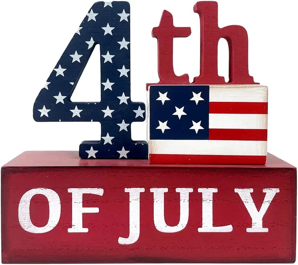 4th of July Decorations Patriotic Decor Wooden US Flag American Decoration Rustic Farmhouse Memorial Day Decor Block Independence Signs Tabletop for Home 250th Anniversary