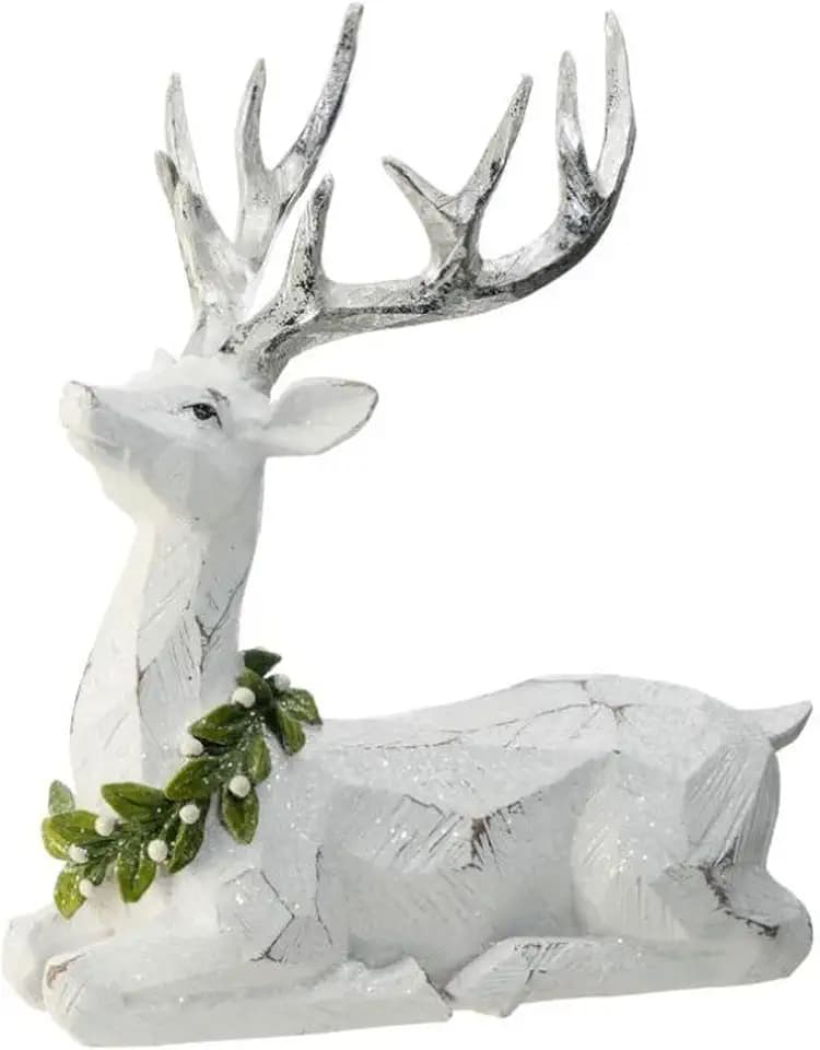 Regency International Resin Christmas Frosted Laying Mistletoe Deer Figurine, 12 Inch Height, White