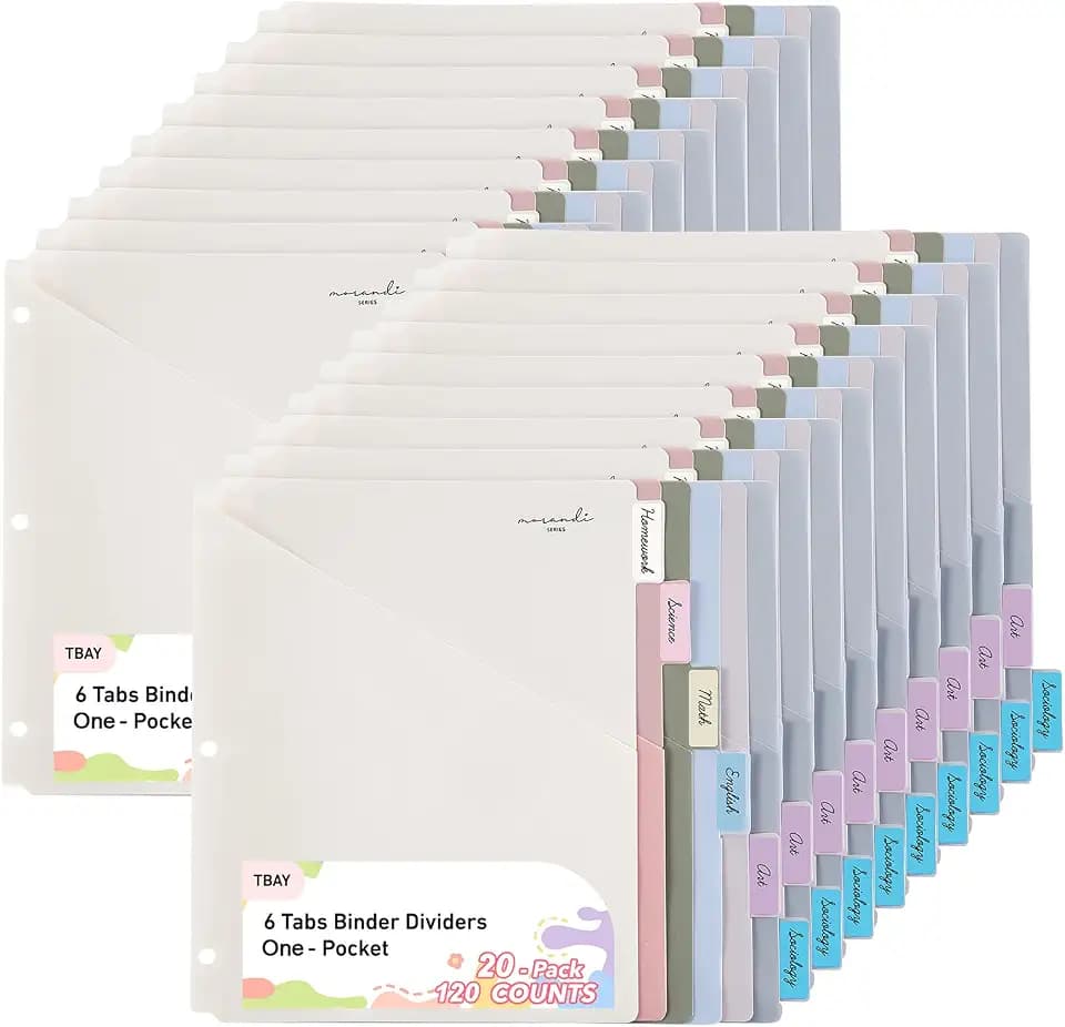 6-Tab Dividers for 3 Ring Binder, 20 Count Binder Dividers with Pockets Fit 8-1/2" x 11” Sheet, Morandi Colors