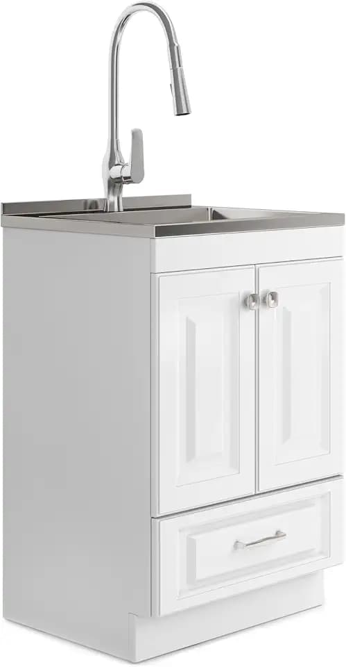 SIMPLIHOME Lawrence 24" Wide Stainless Steel Sink Laundry Cabinet in White