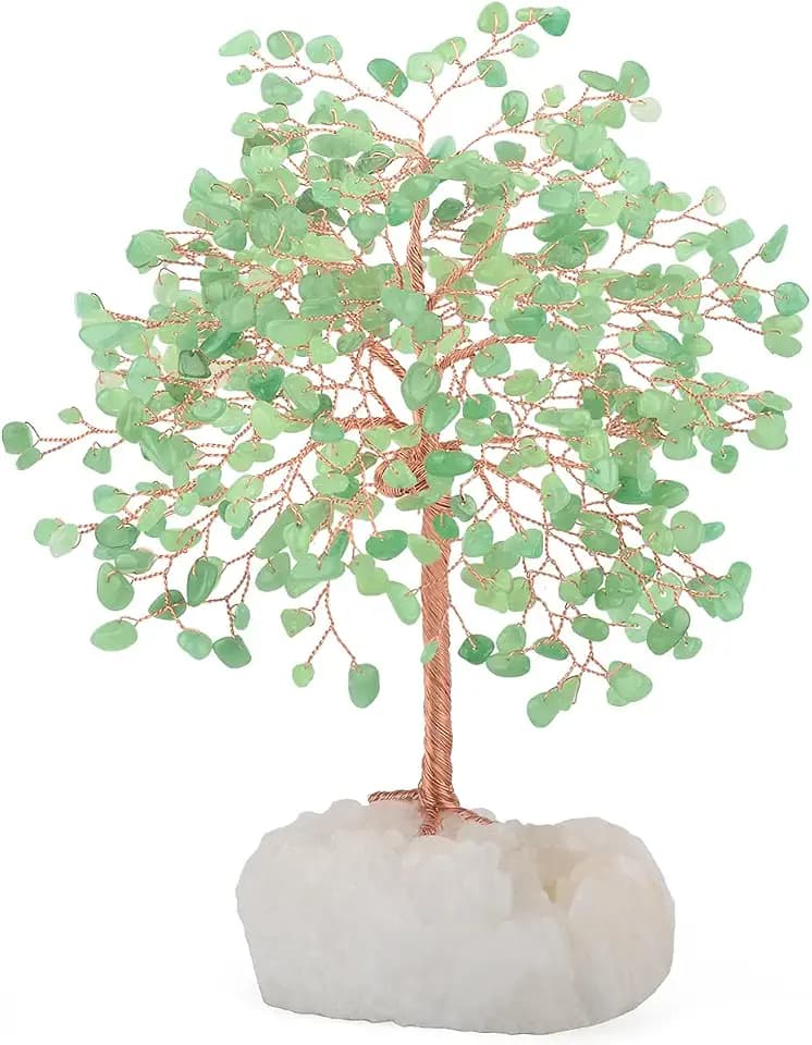 Crystal Tree of Life,Natural Green Aventurine (406 Gemstone Count) Clear Quartz Cluster Base,Chakra Positive Energy FengshuiGood Luck Home Decor,Gift Size 8.5-9 Inches