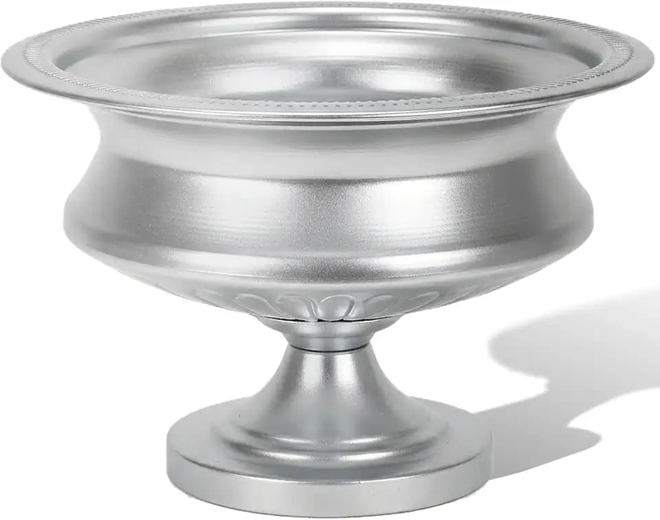 Worth 8" H. Silver Color Urn Vase for Centerpieces, 11.8" Dia. Metal Trumpet Small Flower Pots for Table, Bowl Vase for Wedding Party Event Home Decor, Smooth, Non-Aged Finish