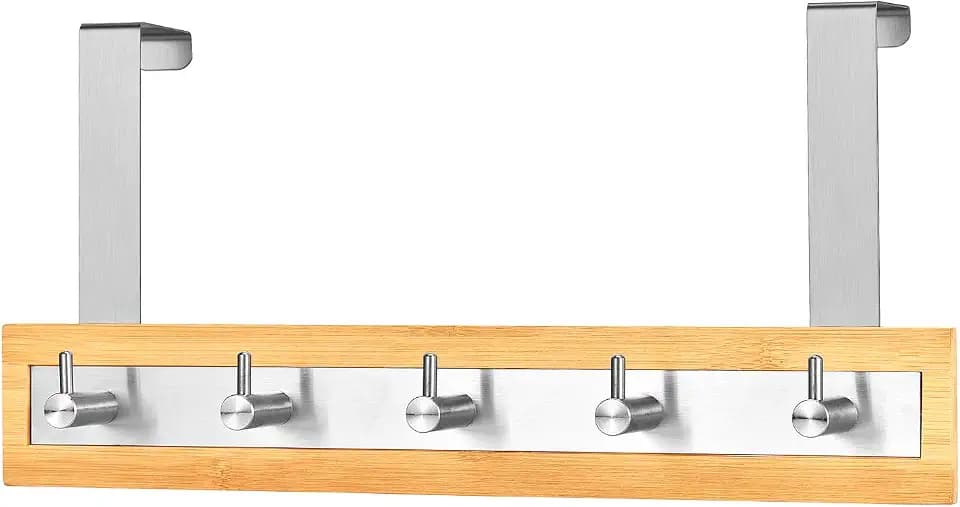 ToiletTree Products Bamboo Stainless Steel Over-the-Door Towel Hooks - Durable Coat, Clothes, and Towel Rack to Use in the Bathroom, Laundry Room, and Closet - 5 Hooks