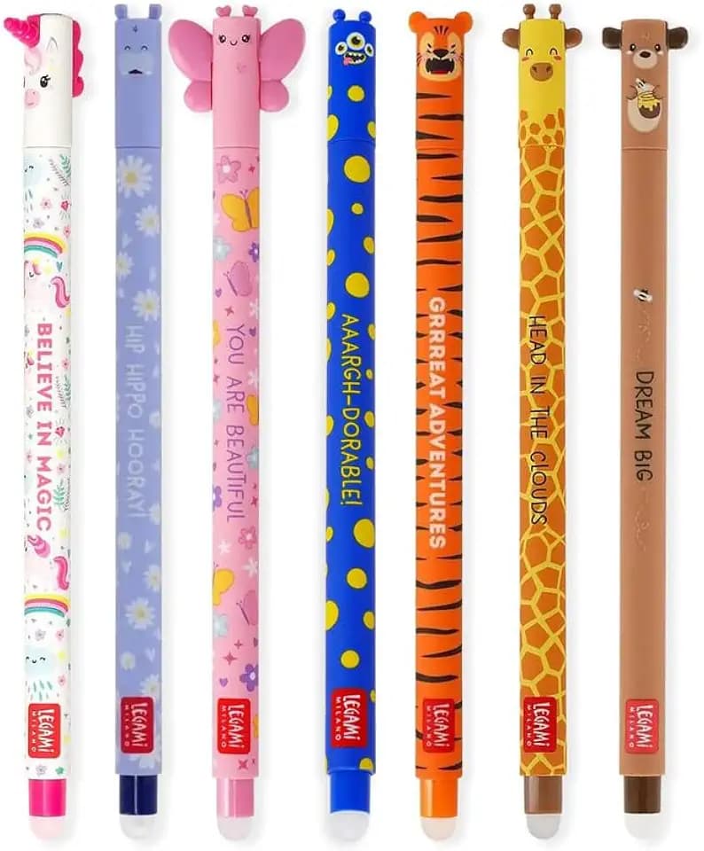 LEGAMI - Set of 7 Erasable Gel Pens with Thermosensitive Erase Ink, Range of ink colours & barrel designs, 0.7mm Tip, Unicorn, Hippo, Butterfly, Corgi, Tiger, Giraffe, Teddy Bear Designs