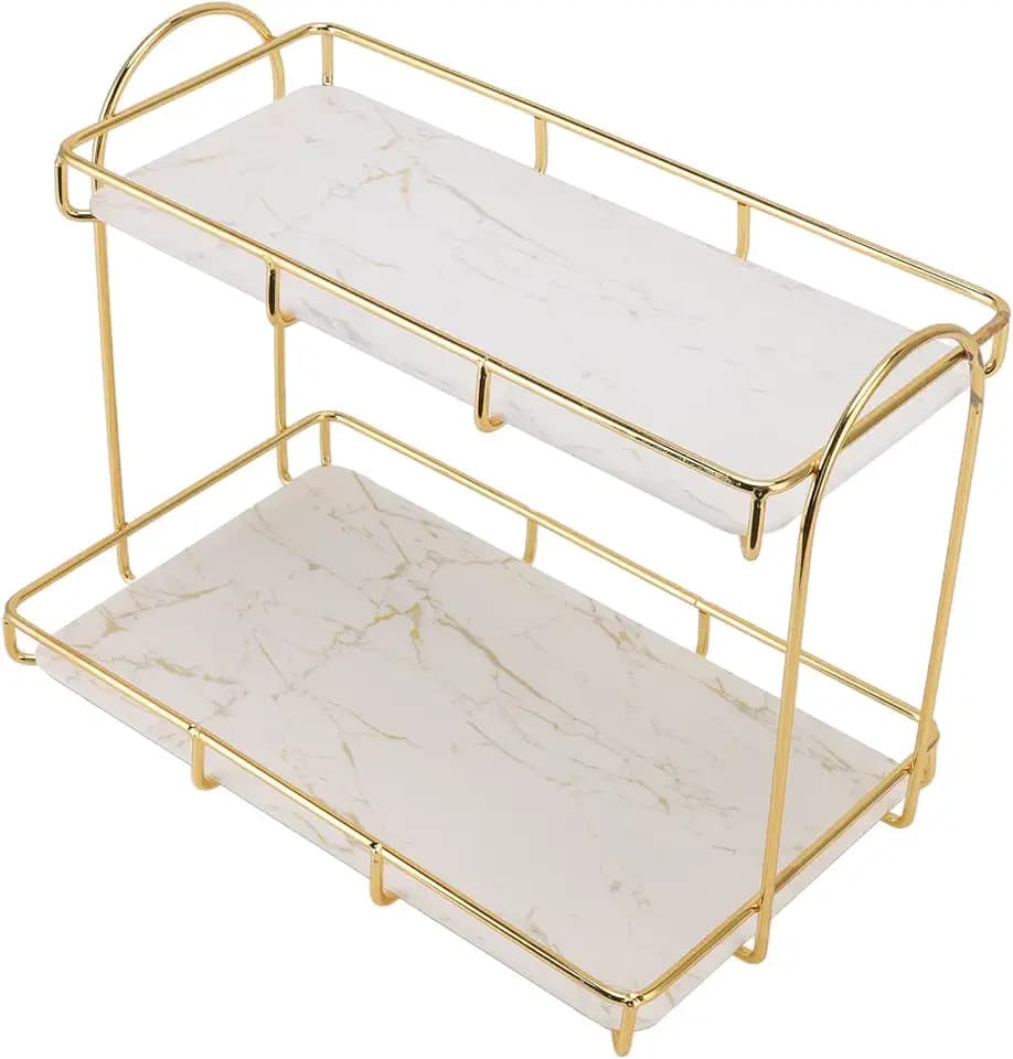 2 Tier Cosmetic Storage Shelf, Bathroom Countertop Rack, Large Capacity Gold Metal Organizer for Bathroom, Kitchen, Bedroom, Makeup, Jewelry, and Home Storage Solutions
