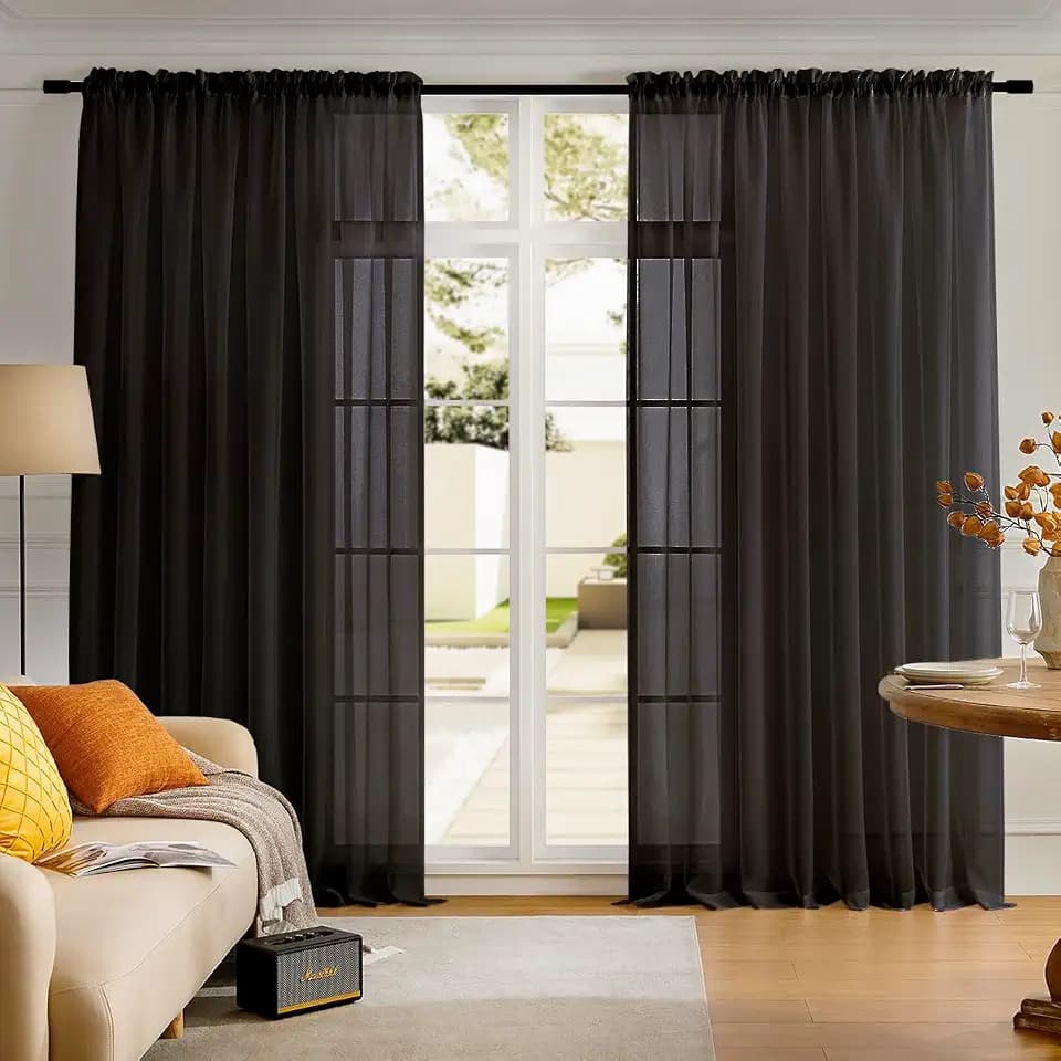 MYSTIC-HOME Sheer Curtains Black 95 Inches Long, Window Treatments Rod Pocket Drapes for Living Room, Bedroom, Semi Crinkle Extra Wide Curtains for Yard, Patio, Villa, Parlor, 108"x 95", 2 Panels