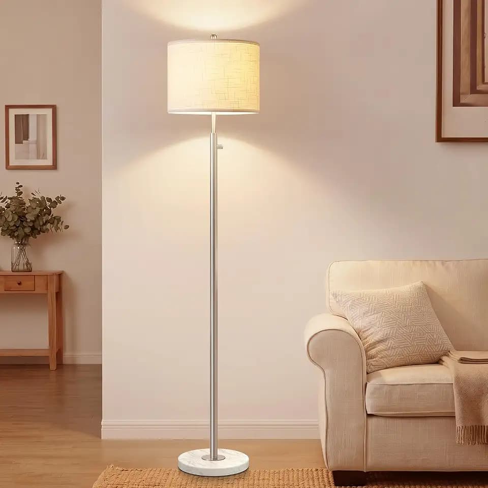 【Upgraded】 Dimmable Floor Lamp for Living Room, 11W LED Bulb Included, Modern Standing Lamp with Marble Base, Tall Pole Light with Linen Shade for Bedroom Reading Office Corner Nursery-Brushed Nickel
