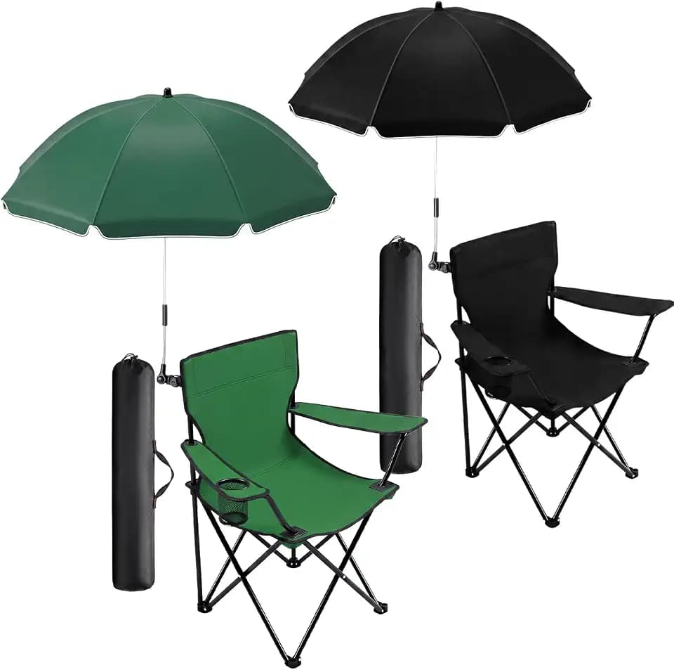 2 Pack Folding Chair with Umbrella, Black and Green