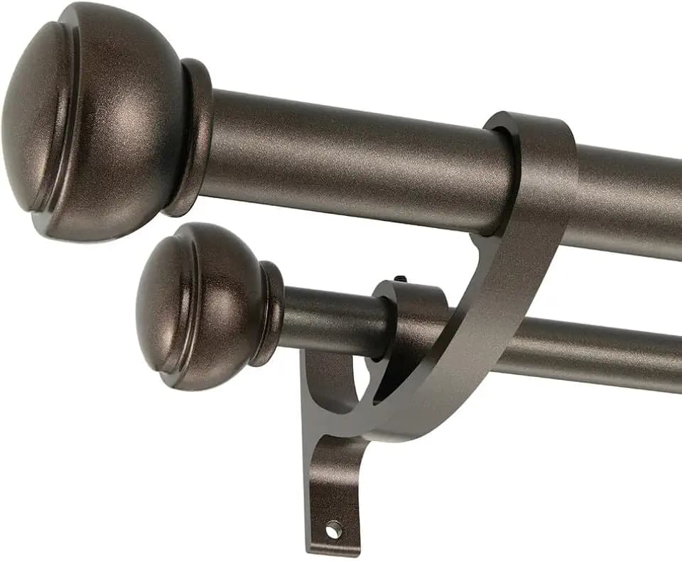 Antique Brown Double Curtain Rods 72 to 144 Inch, Double Decorative Curtain Rods with End Cap Finials, Double Curtain Rods for Window, 1-Inch Front and 5/8 Inch Back Double Window Drapery Rod