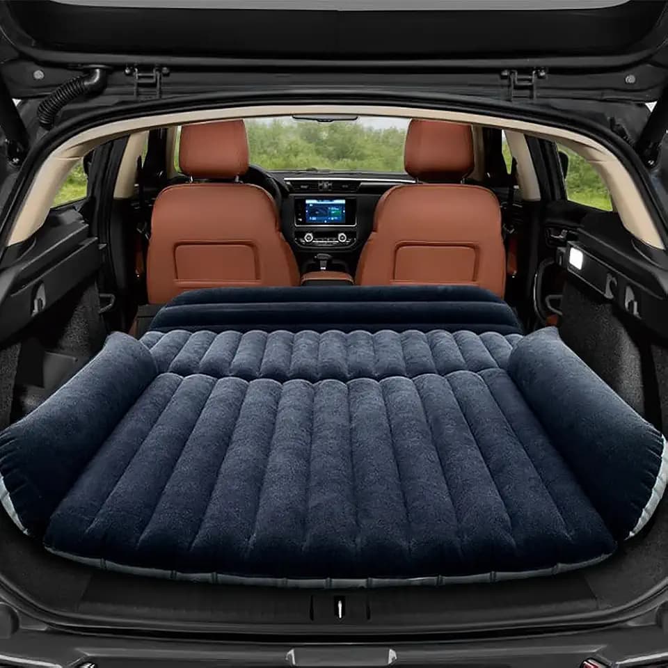 SUV Air Mattress, Inflatable Car Bed with Thickened Flocked Surface, Adjustable Side Bolsters, Upgraded 3-Valve Design, Foldable Camping Mattress with Electric Pump for SUV, Jeep, Truck