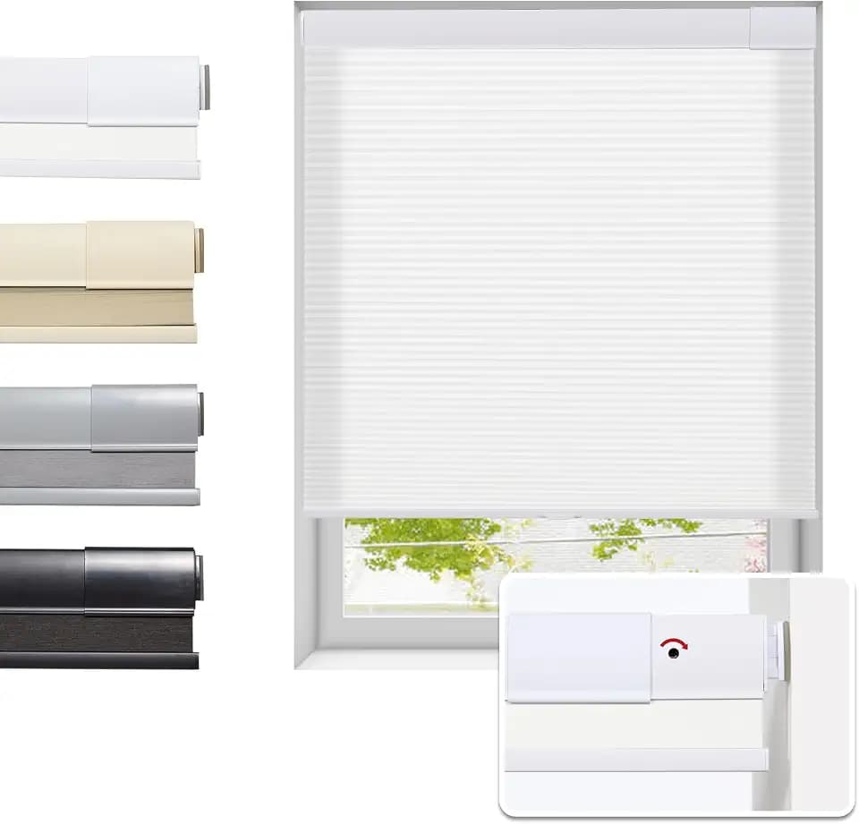 Tonature No Drill Cellular Shades for Indoor Windows, Thermal Insulating & Noise Reducing Honeycomb Blinds, Cordless Free Stop Blinds Light Filtering, White, 34 1/2" W x 64" H