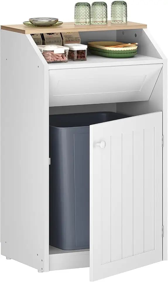 YATINEY Trash Cabinet, Freestanding Trash Can Cabinet, Wooden Recycling with Flip Door, 10 Gallon Hidden Kitchen Garbage Can for Kitchen, Living Room, White WB01WT