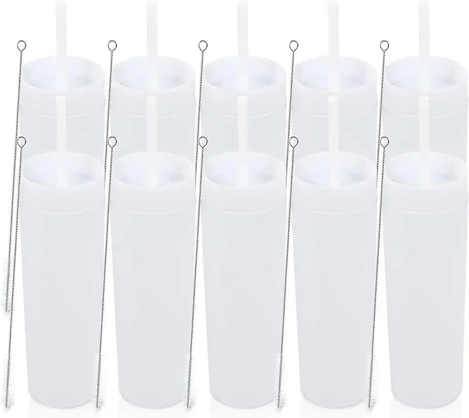 Volhoply 16oz Plastic Skinny Tumbler with Lid and Straw Bulk 10 Pack,Insulated Double Wall BPA Free Matte Acrylic Tumblers,Iced Coffee Travel Reusable Party Cup,Customizable Diy Gifts(White,10 Set)