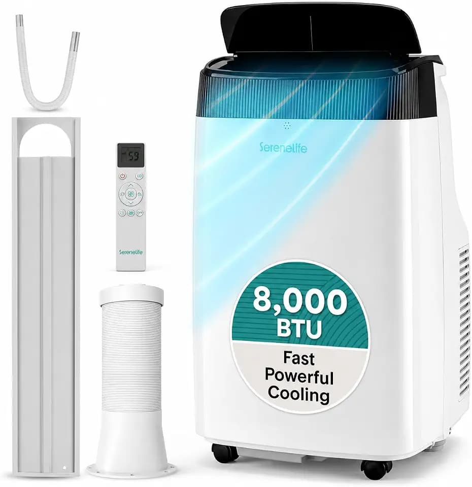 SereneLife Portable Air Conditioner, Dehumidifier & Fan | Dual Motor 3-in-1 8,000 BTU AC with 64°F–90°F Temperature Range, Cools Up to 350 Sq Ft, 3 Fan Speeds, Remote Control & Window Kit, White