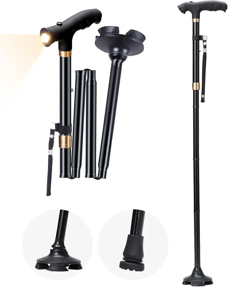 Sinocare Faltbarer Gehstock mit Taschenlampe & Doppel-Boden, 5-stufige Höhenverstellung, hochwertiges Aluminiumlegierung, Eine erstklassige Wahl für Senioren