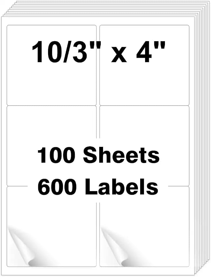 Printable Shipping Labels 3-1/3" x 4", White Blank Mailing Labels, Mailing Shipping Label(100 Sheet, 600 Labels)