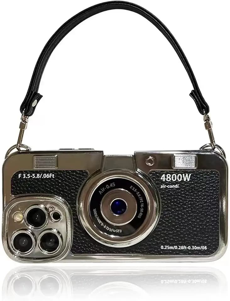 3D Vintage Camera Phone Case with Hand Strap - Unique Cool Silicone PC Shockproof Crossbody Protective Case for iPhone 15 Pro-Black