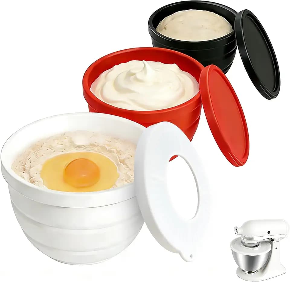 5 Qt Tilt-Head Silicone Liners for KitchenAid Mixer with Lids & Pouring Shield, Kitchen Aid Silicone Bowl Insert, Kitchen aid Accessories and Attachments for Baking & Cooking (3pcs White+Red+Black)