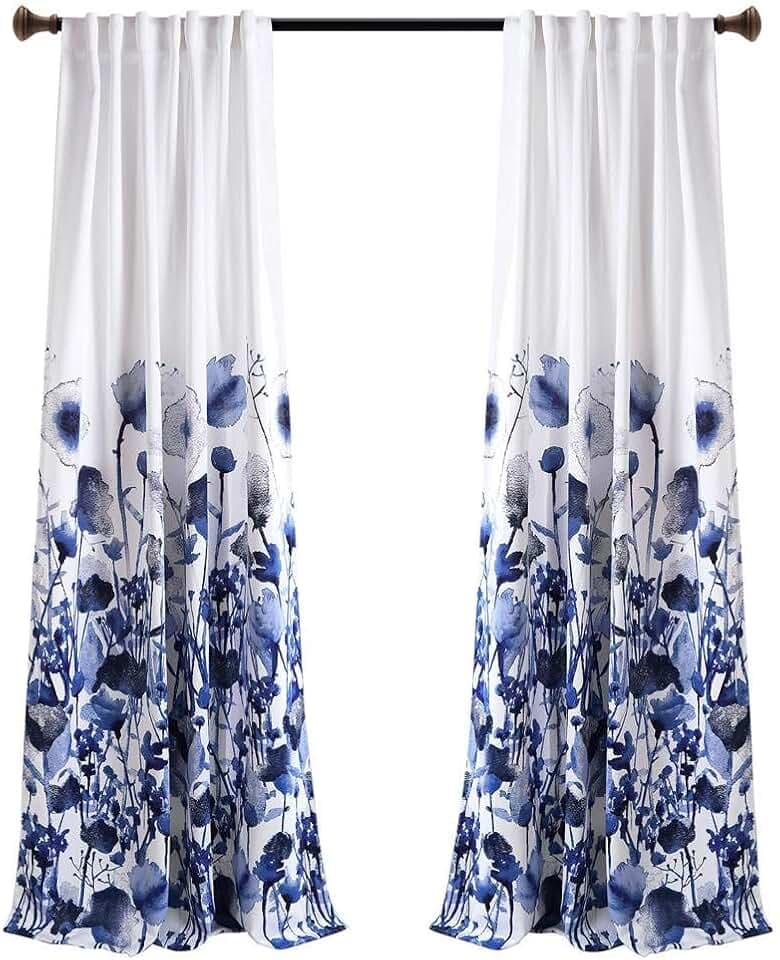 LUSH DÉCOR, 84” x 52”, Navy Lush Decor Zuri Flora Curtains Light Filtering Window Panel Set for Living, Dining, Bedroom (Pair)