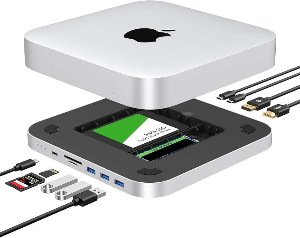 Mac mini Dock, USB-C Dockingstation mit Dual SSD Gehäuse, passend für 2,5 Zoll SATA HDD und NVMe M.2 SSD, Mac mini Hub mit 4K HDMI & DisplayPort, USB A/C Port, TF/SD Kartenleser