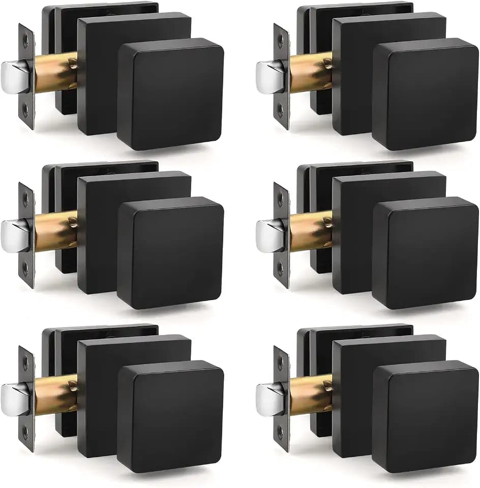 Probrico Black Square Door Knobs Interior, Heavy Duty Door Handles for Hallway Closet, Keyless Passage Door Lock 6 Pack