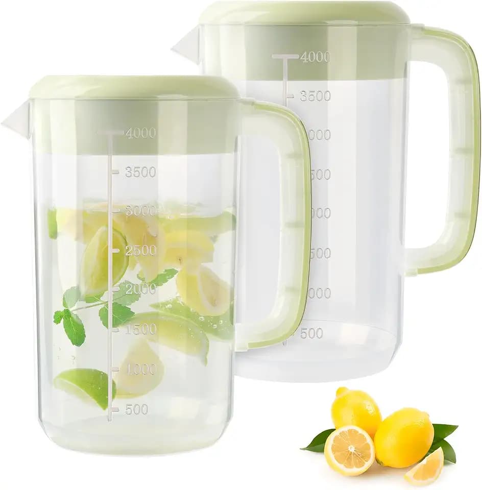 1 Gallon Clear Plastic Pitcher with Lid, 2 Pack Clear Water Pitcher