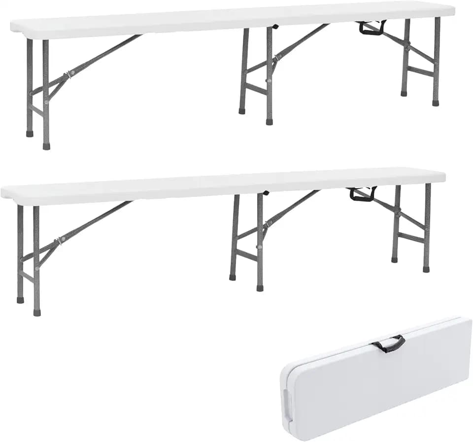 BTEXPERT Set of 2, 6 feet Plastic Folding Bench Indoor Outdoor Portable Picnic Party Garden Dining Seat Camping Soccer Multipurpose Activities w/Handle UV Waterproof Steel Frame Stackable Fold-in-Half