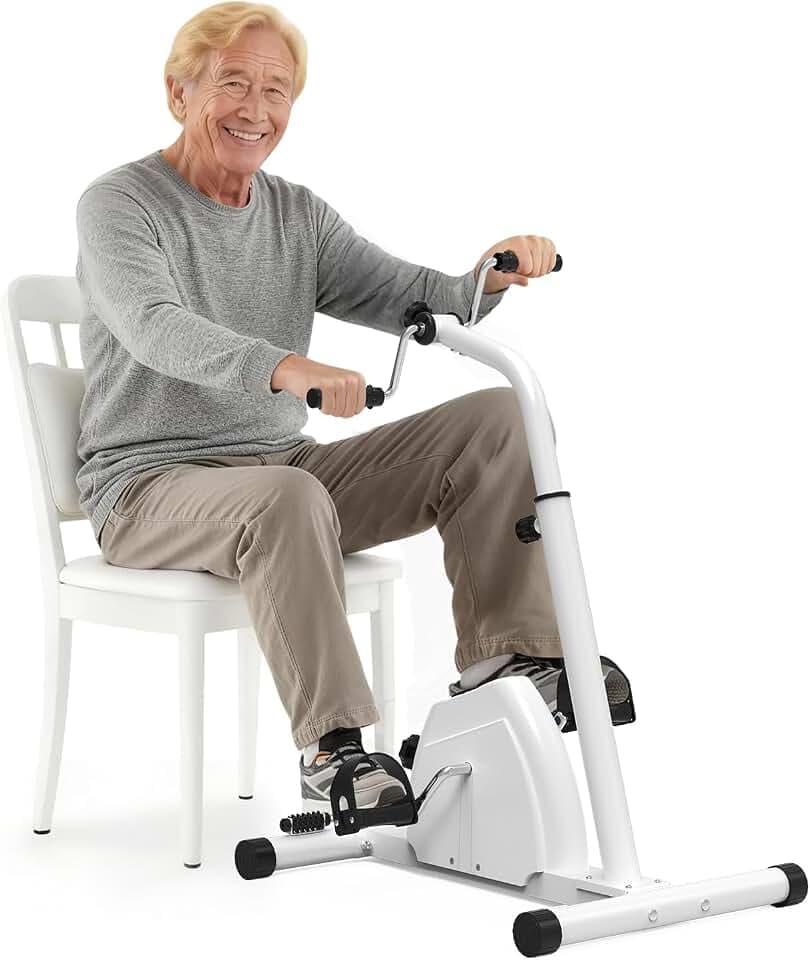 HOMGIM 2-in-1 Pedal Exerciser for Arms & Legs – Adjustable Resistance Sit-Down Bike for Seniors, Stroke Recovery & Physical Therapy – Portable Under Desk Knee Peddler for Home Rehab(White)